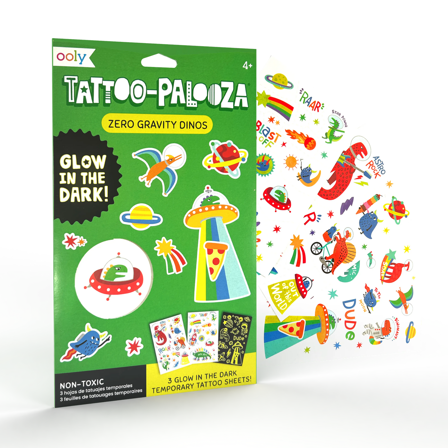 Tattoo-Palooza Glow in the Dark Temporary Tattoos - Zero Gravity Dinos - 3 Sheets