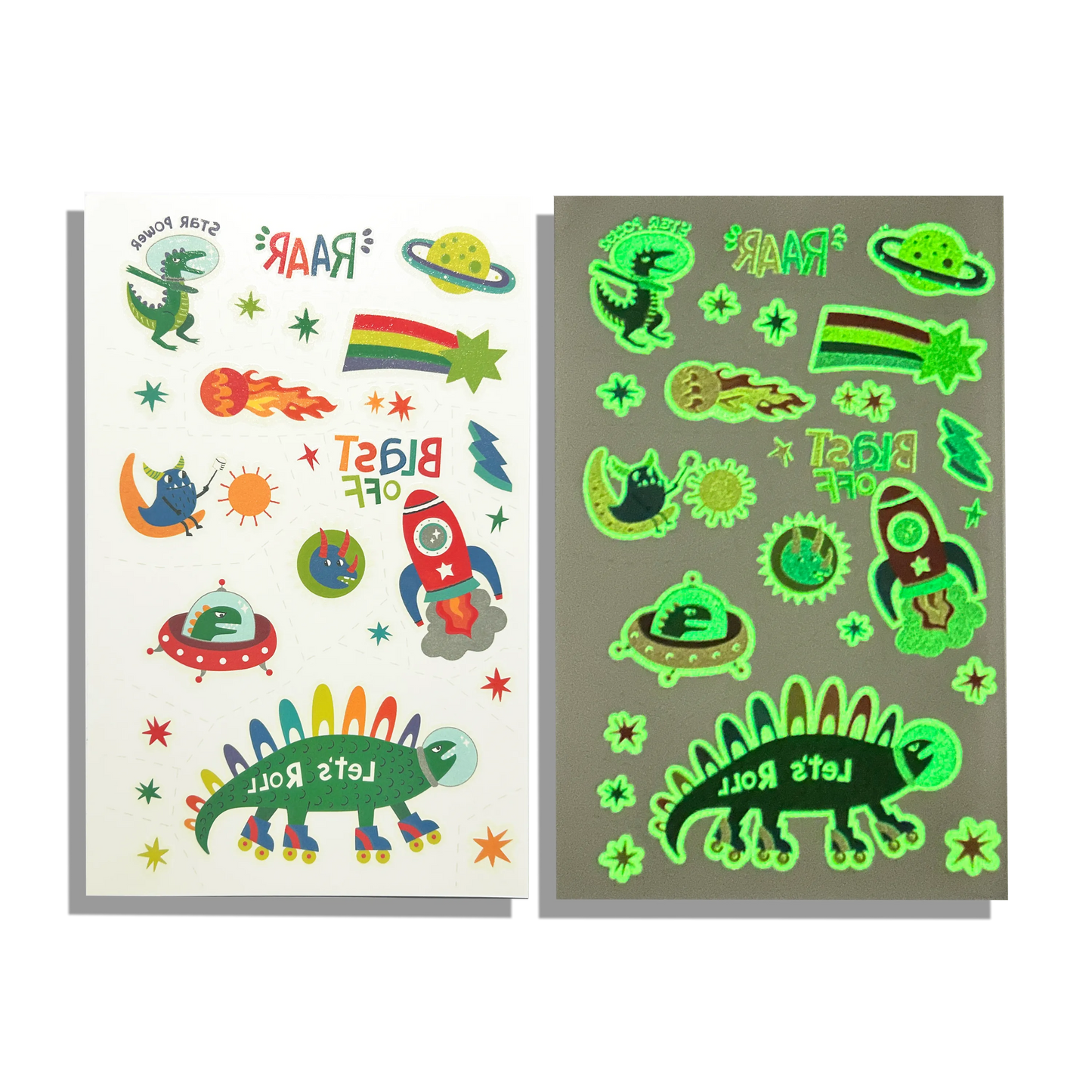 Tattoo-Palooza Glow in the Dark Temporary Tattoos - Zero Gravity Dinos - 3 Sheets