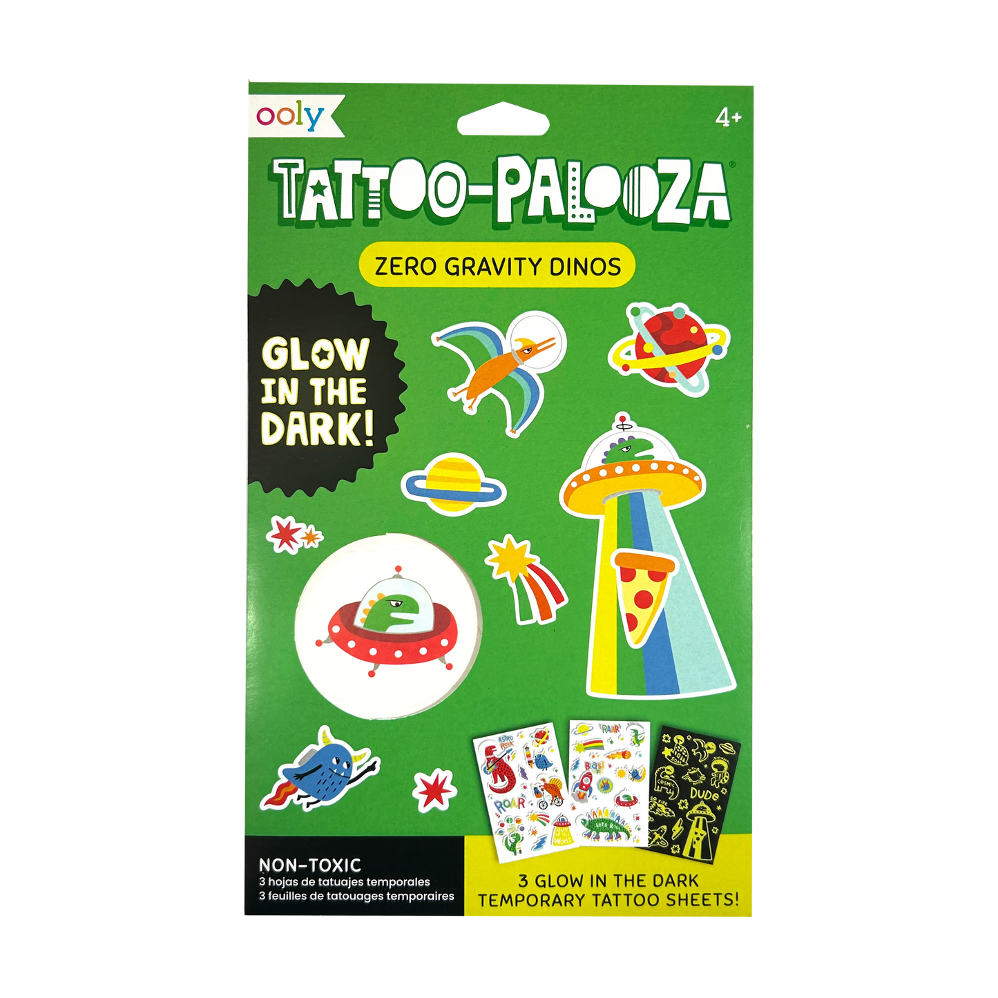 Tattoo-Palooza Glow in the Dark Temporary Tattoos - Zero Gravity Dinos - 3 Sheets